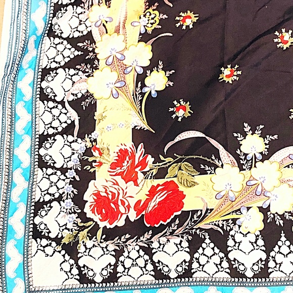 Johnny Was Black Floral 42” Square Tasseled Rayon Scarf EUC, Navy, With Box - Picture 4 of 9